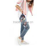 New Arrival Most Popular Spandex Washed Moto Floral Embroidered Straight Leg Jeans for Women thumbnail-2