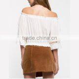 Short Sleeve Plain Textured Woven Women off Shoulder Blouse thumbnail-3