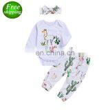 2019 Cactus Alpaca Boys White Rompers Outfits & Kids Cactus Full Print Pants & Baby Headband 3pc Set