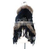 QD200121 Excellent Quality Women Wear Knit Winter Rabbit Fur Ponchos Sale With Raccoon Dog Fur Trim Long Fringes thumbnail-2