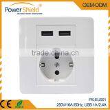 2015 Hot Sales Type F Euro/ Germany 1 AC Jack Power Outlet + 2 USB Wall Sockets 250V 16A With CE RoHS