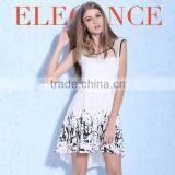 2016 Summer Fashion Lace Patchwork Designs Crop Top Short Front Long Back Sleeveless Ink Printing Chiffon Summer Women Dress