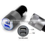 Multifunction 12v 24v 2.1A 1.0A Aluminium Bullet Dual Port USB Universal Car Charger for Iphnoe Ipad Normal Usb Phone thumbnail-3