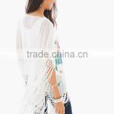 Women's Sheer Print Chiffon Tassels Poncho Tops thumbnail-3