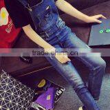 Spring Dark Blue Overalls Siamese Slim Influx of Female Feet Hole Jeans Pants Collapse Was Thin Pants Suspenders