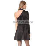HAODUOYI Soild Black Sleeve Slope One Shoulder Women Dress Sashes Silm Long Sleeve Slit Botton Lady Mini Dress for Wholesale thumbnail-4