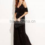 Black Cold Shoulder Self Tie Pleated Jumpsuit Polyester Spandex Half Sleeve V Neck Elegant Jumpsuit Dress thumbnail-4