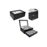 Black Leather Wooden Watch Box Case thumbnail-1