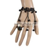Fashion Delicate Women Tassel Black Lace Bracelet Round Rhinestone Ring