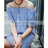 Dresses 2017 Summer Blue Stripe One off Shoulder Dress Lazy and Comfortable Fashion Summer Street Style Daily Dress thumbnail-5