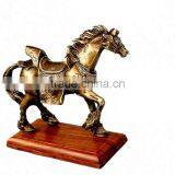 BRASS ANTIQUE BRONZE FINISH WALKIING HORSE STATUE ON WOOD BASE FOR HOME DECORATION, INDIAN INDOOR HORSE DECORATION