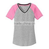 Fashion Women Grey and Pink Blank Raglan V-neck High Visibility T-shirts thumbnail-2