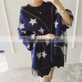 Wholesale Price 2017 New Arrival Girl Scarf White Stars Blue Bottom Color Printed 200*68cm School Student Tippet With Tassels thumbnail-2