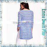 2016 Latest Custom Designer Blue Stripe Long Open Hem Womens Three Quarters Sleeve Round Neck T Shirts thumbnail-2