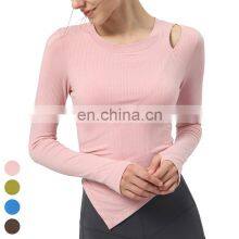 Asymmetrical Hem Design Yoga Top Gym Fitness Top Long Sleeve Thumb Holes Sports T Shirts Women Yoga Shirt With Removable Pad thumbnail-1