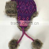 High Quality Wholesale Diamond Jacquard Knitted Winter Trapper Hat With Faux Fur Lining thumbnail-3
