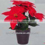 RED ARTIFICIAL VELVET POINSETTIA FLOWER BUSH X 4 W/4 PCS POINSETTIA FLOWER HEAD ON PLASTIC PLANTER thumbnail-1