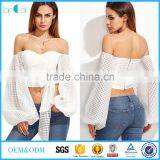 Ladies Sexy Slim Off Shoulder Blouses White Oversize Lantern Sleeve Belted Eyelet Top Blouse thumbnail-1
