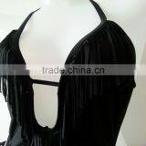 Lady Solid Black Tassels Swimwear One Piece thumbnail-3