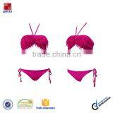 Fashional Design Hot Pink Tassels Halter Girl Bikini Swimwear