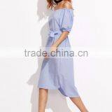 Women off the Shoulder Casual Dress Self Tie Waist Latest Western Dress Patterns for Girls thumbnail-3