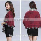2016 New Design Woman Knitted Shawls With Rex Rabbit Fur Poms Figure Lady Cappa thumbnail-2