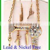 Beauty Shop Theme Dryer Brush Comb Mirror Dangle Large Scissors Link Necklace Earring Set