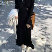 Solid Color Bottom Skirt MIDI Skirt Waist, Long Sleeves, Small Knit Skirt 2021 Autumn/winter Design Dress Women thumbnail-1