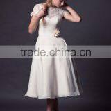 (MY0510) MARRY YOU 2016 Short Wedding Dress Boat Neckline Lace Bodice Chiffon Tea Length Wedding Dresses With Sleeves thumbnail-1