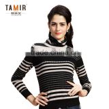 Fashion Cashmere Striped Women Pullover Sweater, Women High Neck Black-White Striped Sweater
