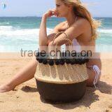 Tiny Black and White Pompom Chain Beach Bag, Pompom Belly Seagrass Basket thumbnail-1