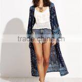 Custom Print Own Design Wholsale Bulk Women Fashion Beachwear Longline Navy Paisley Print Chiffon Kimono thumbnail-4