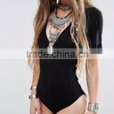 Plain Black V Neckline Short Sleeve Women Bodysuit Custom Made Bodysuit With Your Own Logo High Quality thumbnail-4