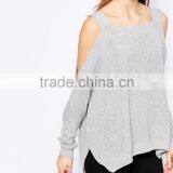 Sweater With Cold Shoulder And Side Splits For Women Light Weight Ladies Custom Gray Knitted Sweaters Loose thumbnail-4