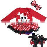 Baby Red Polka Dots Black Ruffles Skull Bow Long Sleeves Bodysuit Pettiskirt Jumpsuit Headband Crib Shoes 3pcs NB-18M thumbnail-1