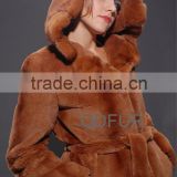 QD27713 Rex Rabbit Fur Coat Factory Direct Sale Overcoat Genuine Rex Rabbit Fur Coats With Mink Fur Hood