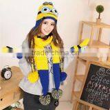 2015 New Design Warm Yellow Three-piece Suit Knitted Earflap Hat With Pompom