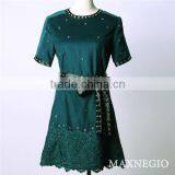 2015 High Quality Fashion Leather and Lace Splicing Vintage Style Dress With Belt thumbnail-2