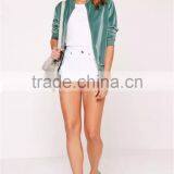 Women Velvet Bomber Jacket Green Ribbed Trim Zip Up Coat With Side Pockets With Custom Tag And Label thumbnail-5
