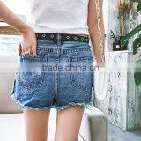 Latest Design Raw Hem Short Denim Jeans Pants for Women Fashion Ripped Shorts With Eyelets thumbnail-3