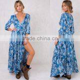 Paisley Print Long Sleeve Maxi Wrap Dress in Blue for Mature Women thumbnail-5