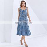 TWOTWINSTYLE Square Collar Sleeveless High Waist Cross Sling Midi Ladies Denim Dresses thumbnail-4