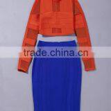 2016 New Summer Orande and Blue Two Pieces Set Mesh Long Sleeve Knee-length Sey Party Night Club Bandage Dress Wholesale thumbnail-4