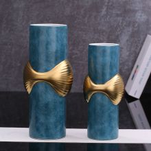 Light Luxury Blue Leather Concave Gild Ceramic Vase For Shopping Mall Hotel Decor
