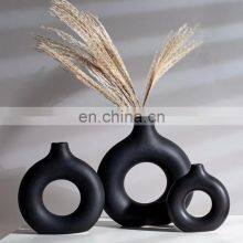Black Circular Hollow Ceramic Vase Donuts Nordic Flower Pot Home Decoration Accessories Office Living Room Interior Decor thumbnail-2