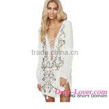 2016 Plunge V Lace-up Neck Floral Embroidered Cover up Beach Dress thumbnail-1