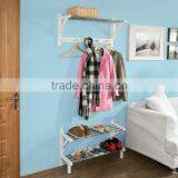 Wood Wall Mounted Shoe Rack, Bathroom Towel Shelf, Wall Display Shelf Unit With Two Stainless Steel Racks, White thumbnail-3