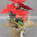 RED ARTIFICIAL VELVET POINSETTIA FLOWER BUSH X 5 W/5 PCS POINSETTIA FLOWER HEAD ON BURLAP PLANTER thumbnail-1