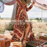 Bohemian Front Button Down Vintage Long Sleeve One Piece Maxi Dress HSd5170 thumbnail-2