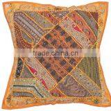 Yellow Decorative Large Euro Pillow Sham - Beaded Indian Patchwork Accent Cushion Cover ~ 26 Inch thumbnail-1